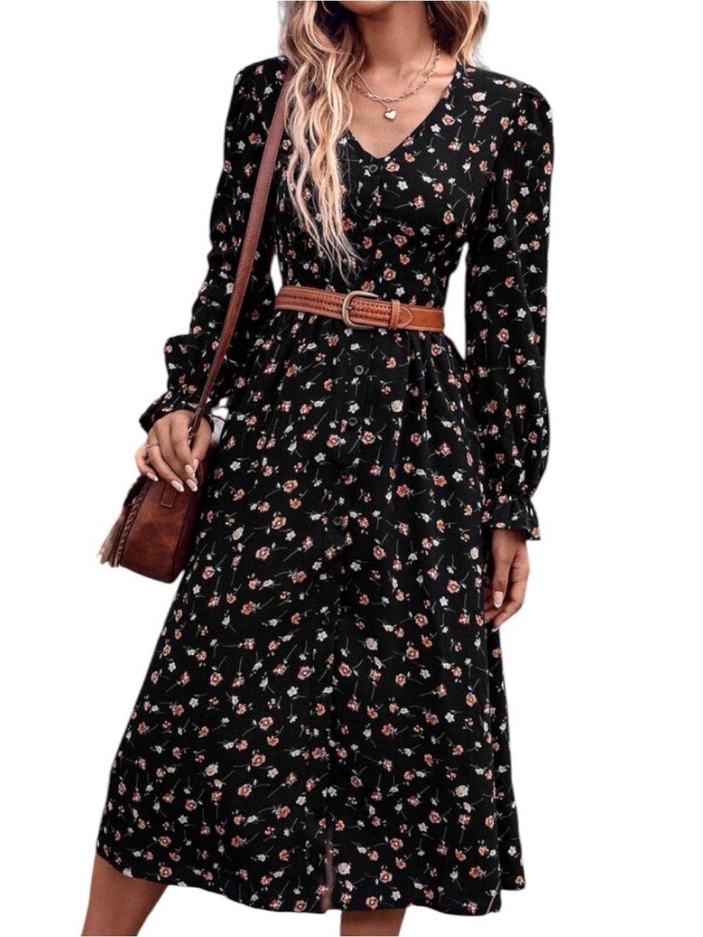 Shein Clasi Ditsy Floral Print Flounce Sleeve Dress Black